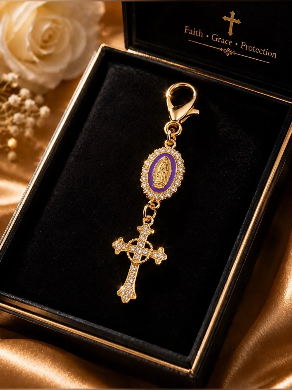 Gold Crystal Cross & Purple Enamel Medal Charm Keychain